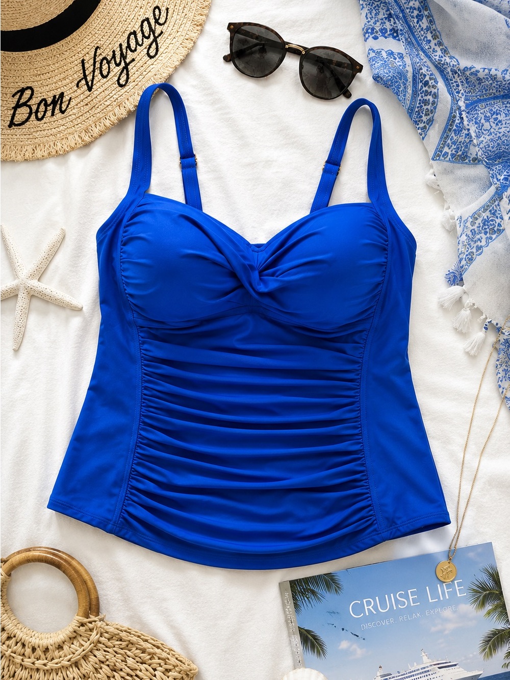 La Blanca Tankini Top 18W Royal Blue Ruched Swim Top Tummy Control Resort Wear
